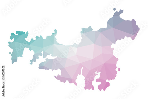 Polygonal map of Waiheke Island. Geometric illustration of the island in emerald amethyst colors. Waiheke Island map in low poly style. Technology  internet  network concept. Vector illustration.