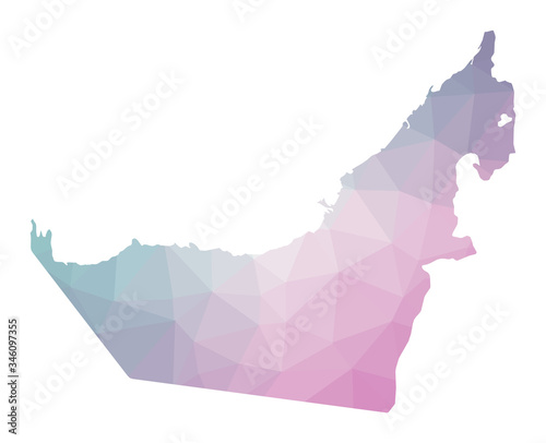 Polygonal map of UAE. Geometric illustration of the country in emerald amethyst colors. UAE map in low poly style. Technology, internet, network concept. Vector illustration.