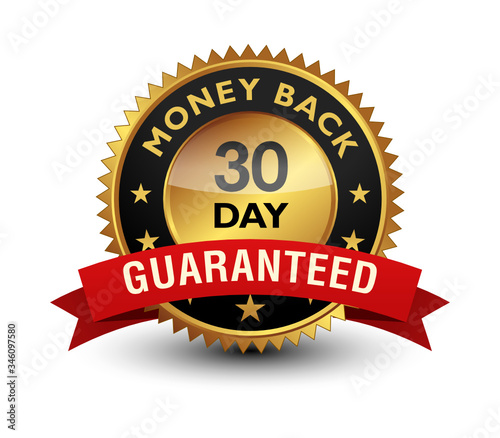 30 Day money back guaranteed golden seal, stamp, badge, stamp, sign, label with red ribbon isolated on white background.