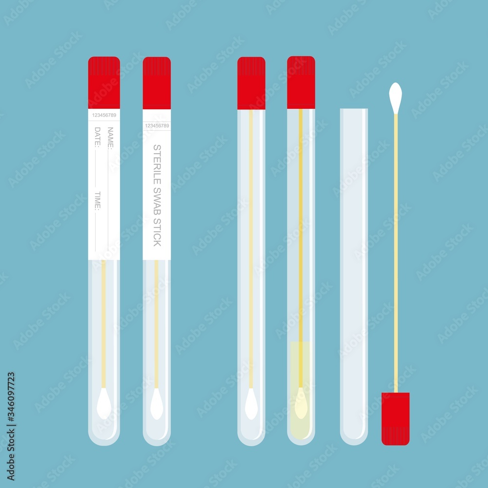 Test for infection by the virus COVID19. Sterile swab stick, with a red lid and sticker for recording. The test tube is disassembled.The background is blue. Vector drawing. Test for infection by the virus COVID19. Sterile swab stick, with a red lid and sticker for recording. The test tube is disassembled.The background is blue. Vector drawing.