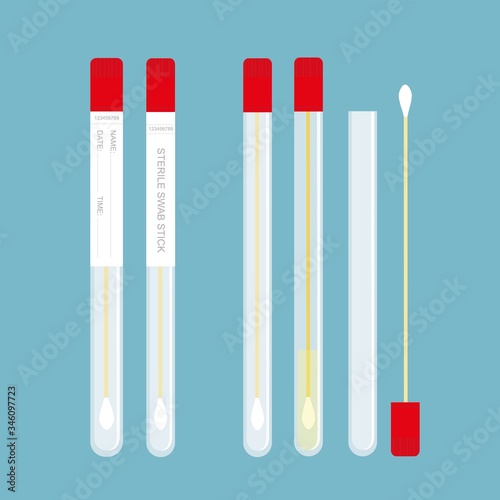 Test for infection by the virus COVID19. Sterile swab stick, with a red lid and sticker for recording. The test tube is disassembled.The background is blue. Vector drawing.