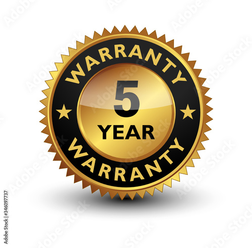 5 Year warranty golden seal, stamp, badge, stamp, sign, label isolated on white background.	