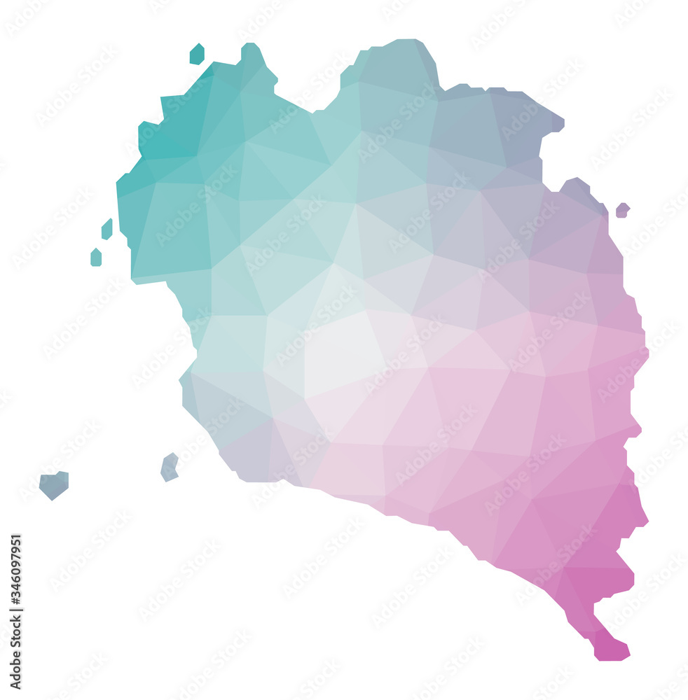 Polygonal map of Ko Pha Ngan. Geometric illustration of the island in emerald amethyst colors. Ko Pha Ngan map in low poly style. Technology, internet, network concept. Vector illustration.