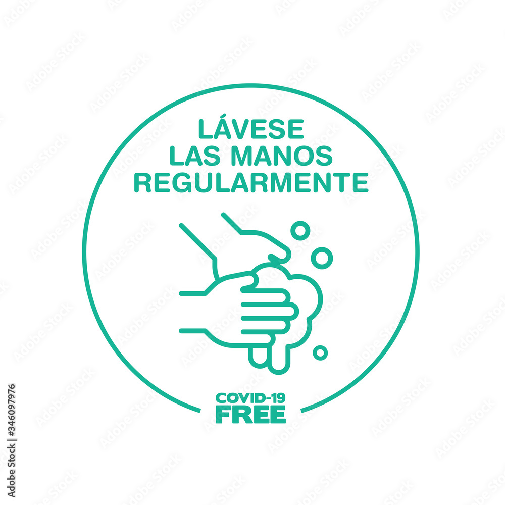 Round sticker for Wash your hands regularly writting in spanish. Covid-19 free zone. Signs for shops, stores, hairdressers, establishments, bars, restaurants ... Round sticker for Wash your hands regularly writting in spanish. Covid-19 free zone. Signs for shops, stores, hairdressers, establishments, bars, restaurants ...