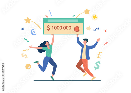 Happy guy and girl winning money prize. Jackpot winners holding bank check for one million dollars. Can be used for fortune, luck, lottery topics