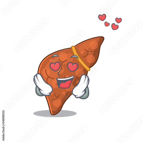 Cute human fibrosis liver cartoon character has a falling in love face