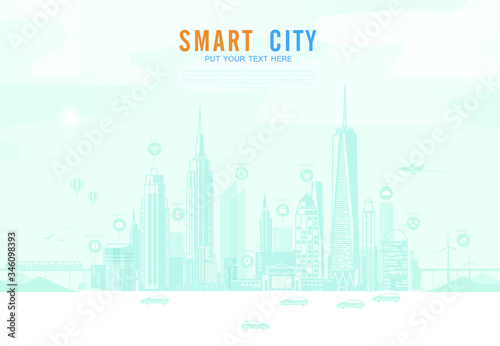 Smart city urban landscape with infographic elements. networks and augmented reality concept. Vector illustration.