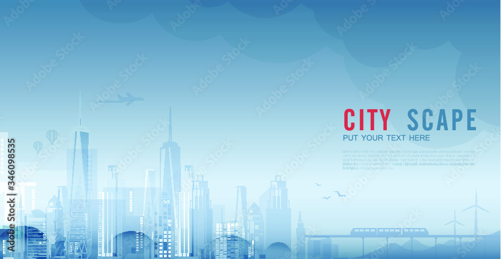 Fototapeta Smart city urban landscape with infographic elements. networks and augmented reality concept. Vector illustration.