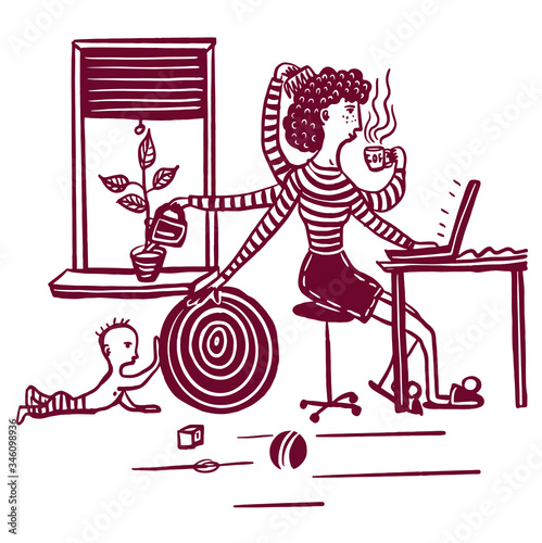 drawing picture a young mother working remotely from home on freelance, and the child is playing nearby, multitasking, comic hand-drawn digital vector illustration. good for illustrating articles and 