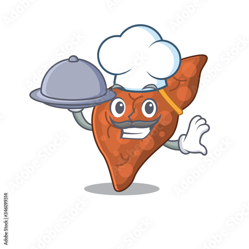 Human fibrosis liver chef cartoon character serving food on tray