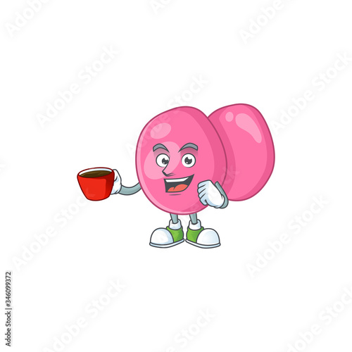 An image cartoon character of streptococcus pyogenes with a cup of coffee
