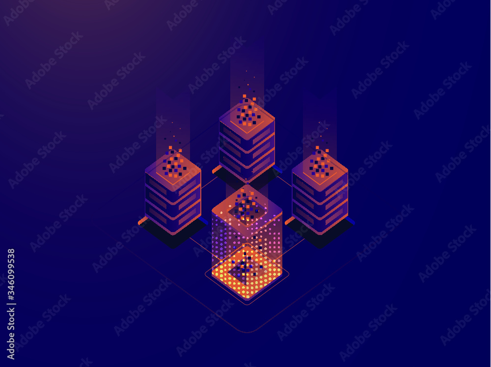Obraz premium Effective template technology data, mining server farm room and smart digital devices such as phone ,computer, data, data processing vector illustration.
