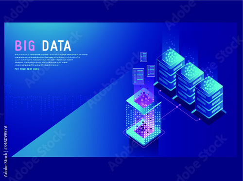 Effective template technology data, mining server farm room and smart digital devices such as phone ,computer, data, data processing vector illustration.