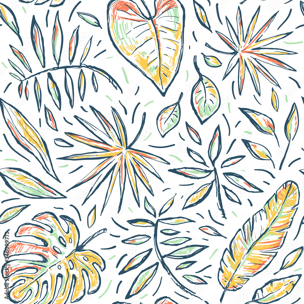 Seamless tropical hand drawn vector sketch pattern with leaves. Exotic stylized plant on white background. Multicolor botanical drawing for  wrapping paper, web, page fill, textile print