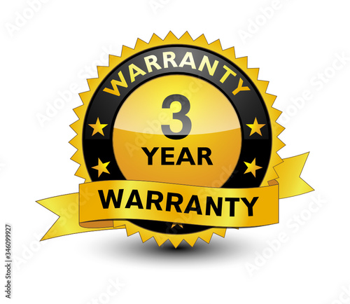 Reliable powerful golden 3 year warranty banner, sticker, tag, icon, stamp, label, sign isolated on white background