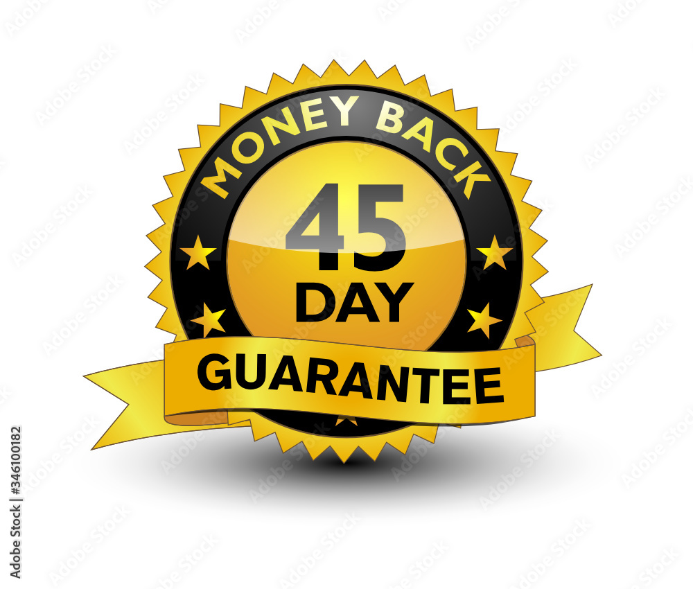 Reliable powerful golden 45 day money back guarantee banner, sticker, tag, icon, stamp, label, sign with ribbon isolated on white background.	
