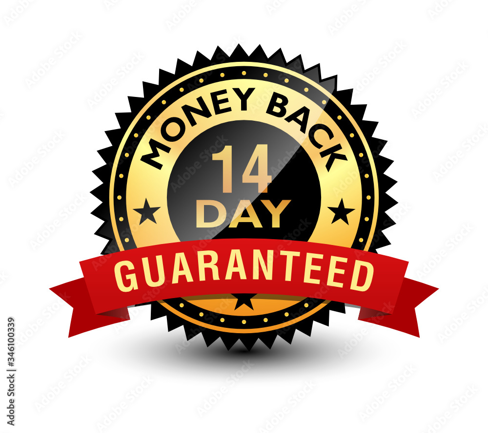 Powerful 14 day money back guaranteed badge, seal, sign, stamp, label with red ribbon on top. Isolated on white background. Powerful 14 day money back guaranteed badge, seal, sign, stamp, label with red ribbon on top. Isolated on white background.