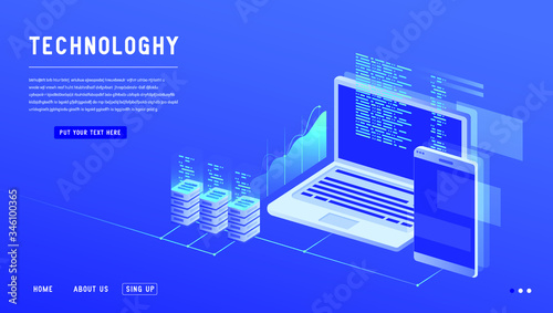 Effective template technology data, mining server farm room and smart digital devices such as phone ,computer, data, data processing vector illustration.