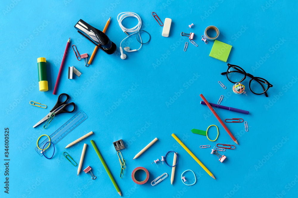 education, office and object concept - frame of stationery or school supplies on blue background education, office and object concept - frame of stationery or school supplies on blue background