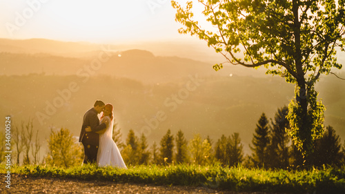 Verliebtes Brautpaar in sch  ner Landschaft bei Sonnenuntergang