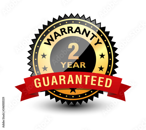 Powerful 2 year warranty badge, seal, sign, stamp, label with red ribbon on top. Isolated on white background.	