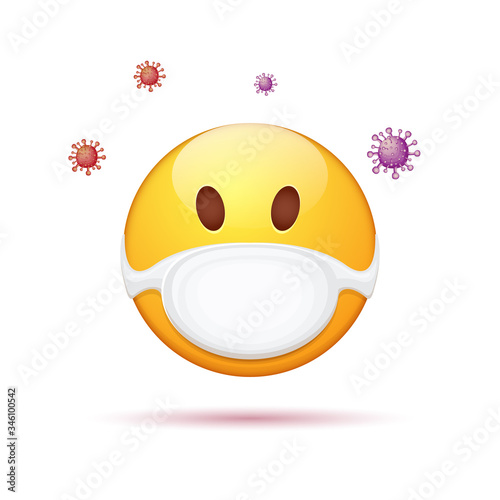 Vector Emoji sticker with mouth medical protection mask and flying virus isolated on white background. Yellow smile face character with white surgeon mask. Self isolation concept ilustration or icon