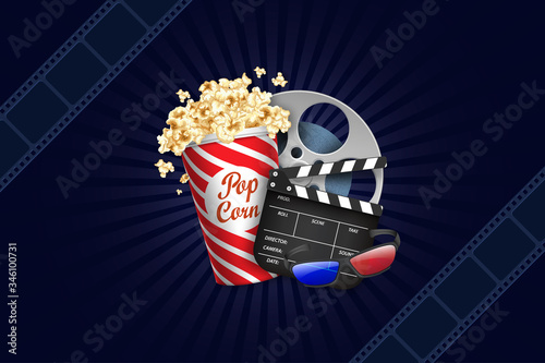Modern Cinema Background. Film strip frame with popcorn box, film roll, clapper, 3D glasses. Film template flyer or poster festival,banner, brochure, poster, presentation. Design of film industry. © Nick Julia
