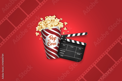 Modern Cinema Background. Film frame with popcorn box, film roll, clapper. Design flyer or poster, banner, brochure, poster, presentation. Movie art template for cinema festival. Movie time concept.