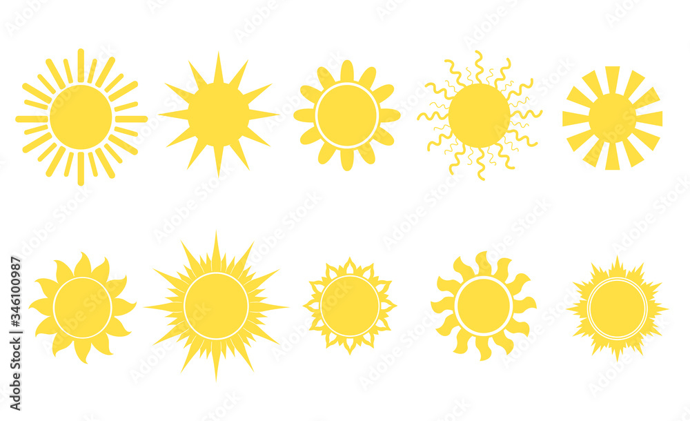 Yellow sun set. Bright round shape with straight, wavy or burning solar beams Can be used for weather forecast, sunshine, summer concept Yellow sun set. Bright round shape with straight, wavy or burning solar beams Can be used for weather forecast, sunshine, summer concept