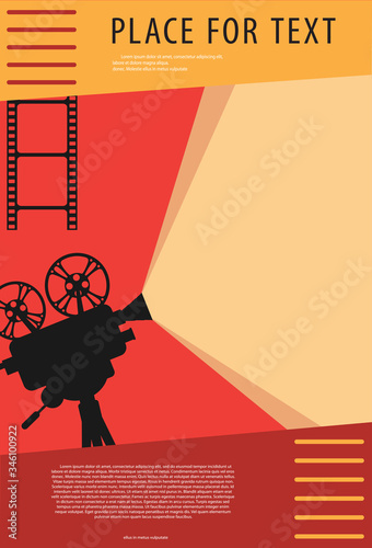 Cinema background. Silhouette of vintage cinema projector on a tripod. Film festival template for banner, flyer, poster or tickets. Old movie projector with place for your text. Movie time concept