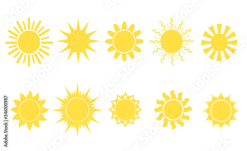 Yellow sun set. Bright round shape with straight, wavy or burning solar beams Can be used for weather forecast, sunshine, summer concept