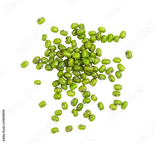 a bunch of spread green mung beans visible directly from above and isolated on a white background