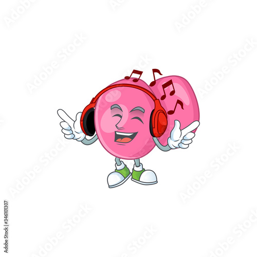 Cartoon mascot design streptococcus pyogenes enjoying music with headset