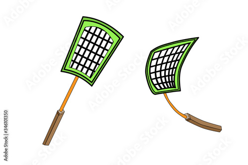 Fly swatter isolated on white background. Tool for the destruction of insects at home. Insect killing tool icon. Green palette to kill mosquitoes. Stock vector illustration
