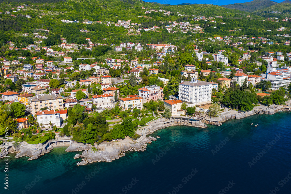 Croatia, beautiful Adriatic, Lovran riviera, aerial panoramic view in Kvarner bay coastline
