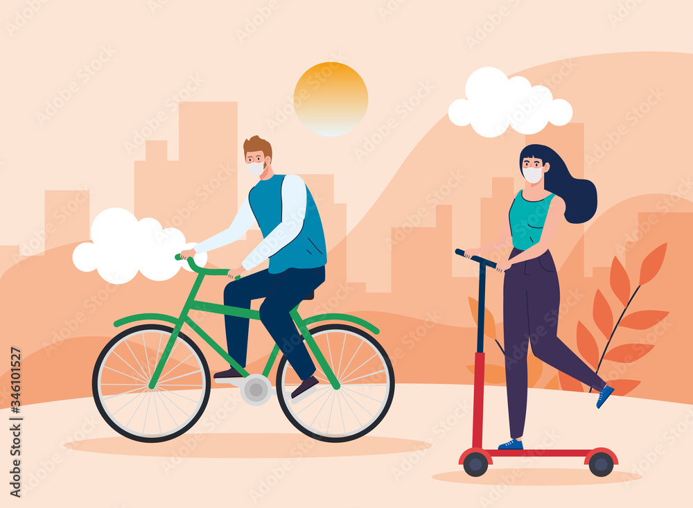 couple using face mask practicing exercise in landscape vector illustration design