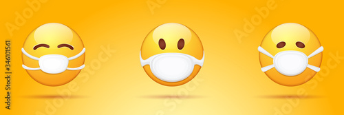 Vector Emoji nurse stickers set with mouth medical protection mask isolated on orange horizontal background. Yellow smile face character with white surgeon mask. Self isolation concept ilustration
