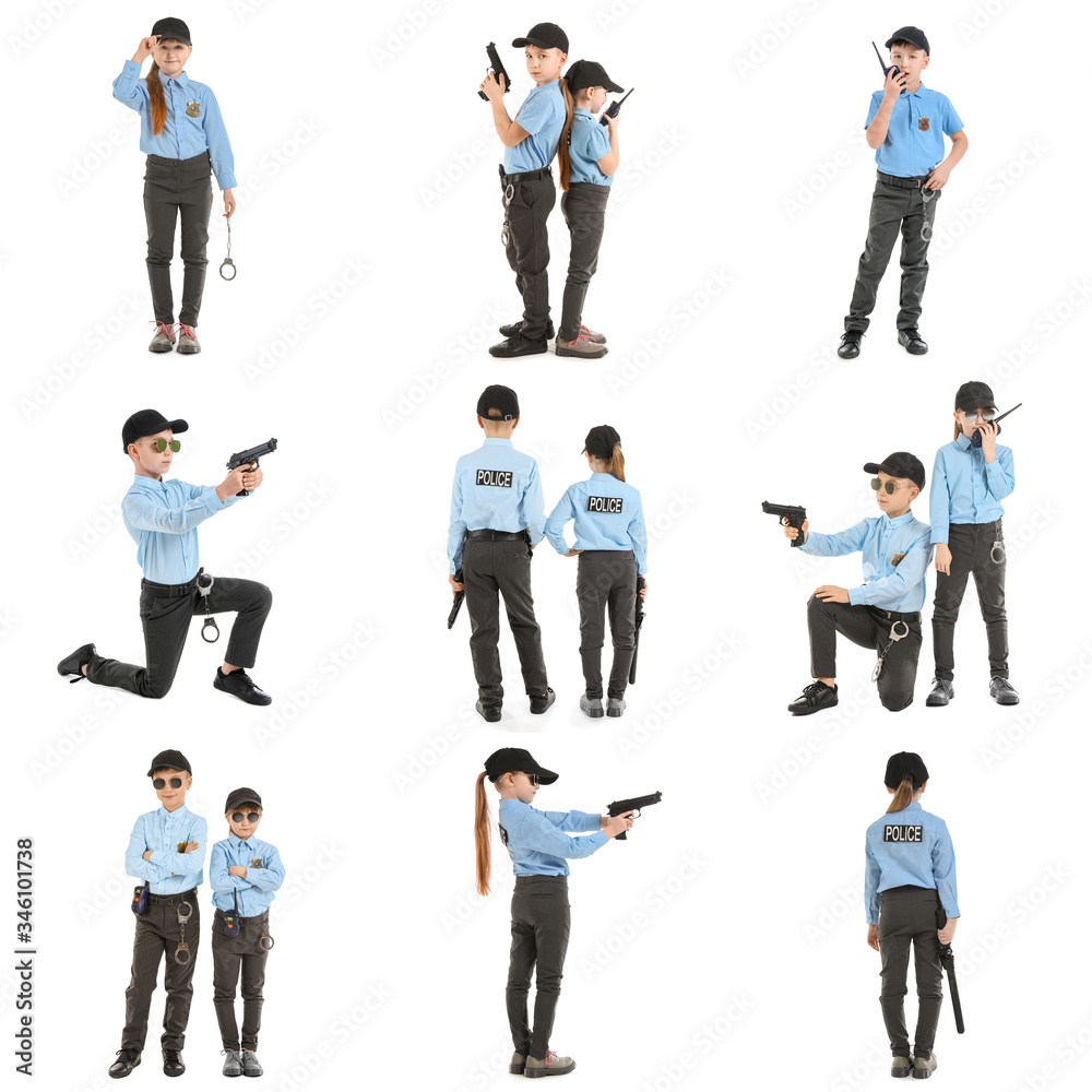 Collage with cute little police officers on white background