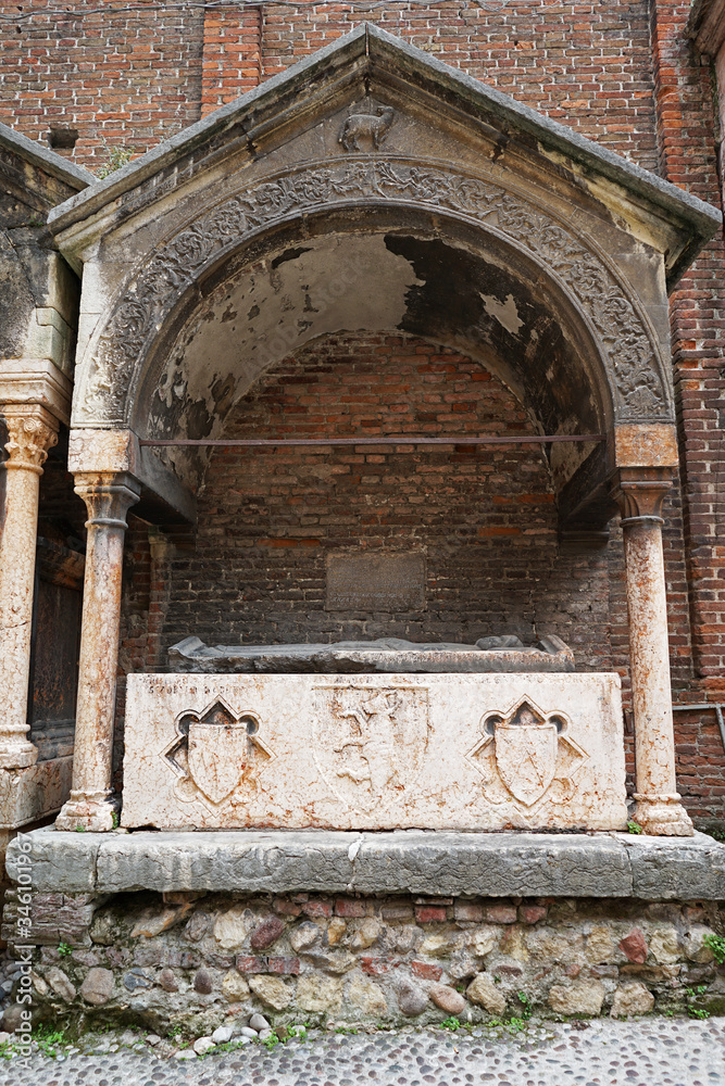 Exterior architecture and design of Tomb Monumenti di Verona at Chiesa san giorgetto known as San pietro martire, a former Catholic church but it has now been deconsecrated- Italy
