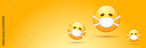 Vector Emoji nurse stickers set with mouth medical protection mask isolated on orange horizontal background. Yellow smile face character with white surgeon mask. Self isolation concept ilustration