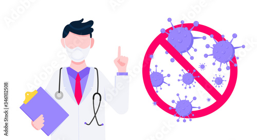 Stop virus vaccination banner concept flat style design poster. Doctor employee on it holding clipboard with stop viruses sign isolated on background. Medical awareness flu, polio influenza banner.