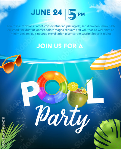 Pool party poster template. Background with pool surface, palm leaves, beach umbrella and rubber ball. Realistic inflatable rainbow and orange rings. Vector illustration of invitation to nightclub.