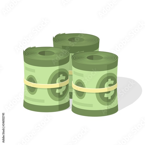 Money roll pile vector or cash stack heap and bundle with rubber flat cartoon illustration