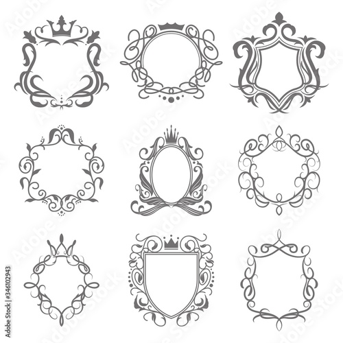 Vintage swirled frames set. Ornamental emblems, royal luxury borders with crowns, traditional monograms. Can be used for alcohol, hotel, jewelry logotypes design