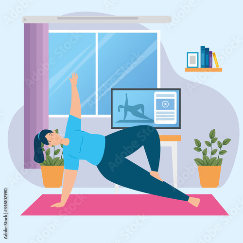 woman practicing yoga online in living room vector illustration design