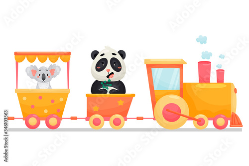 Vector cartoon children train with animals. Flat puffer is carrying animals on railway on white isolated background