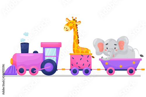 Vector cartoon children train with animals. Flat puffer is carrying animals on railway on white isolated background