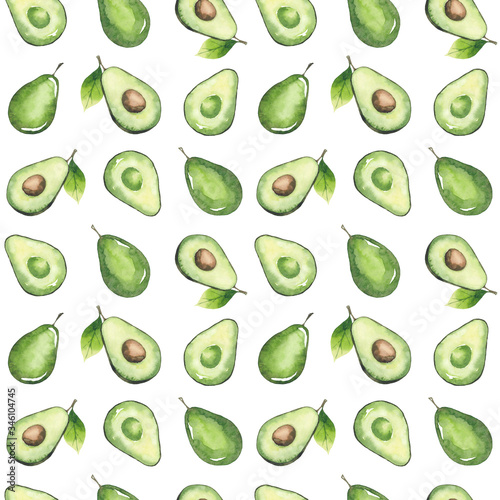 Seamless pattern of avocados and leaves. Watercolor elements isolated on white