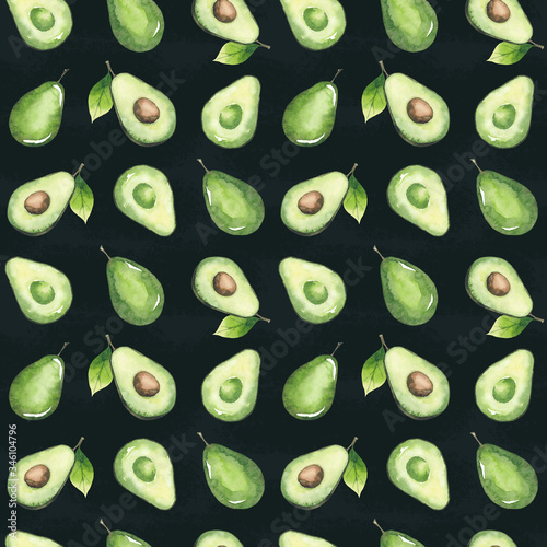 Avocado seamless pattern on a dark background painted by watercolor	