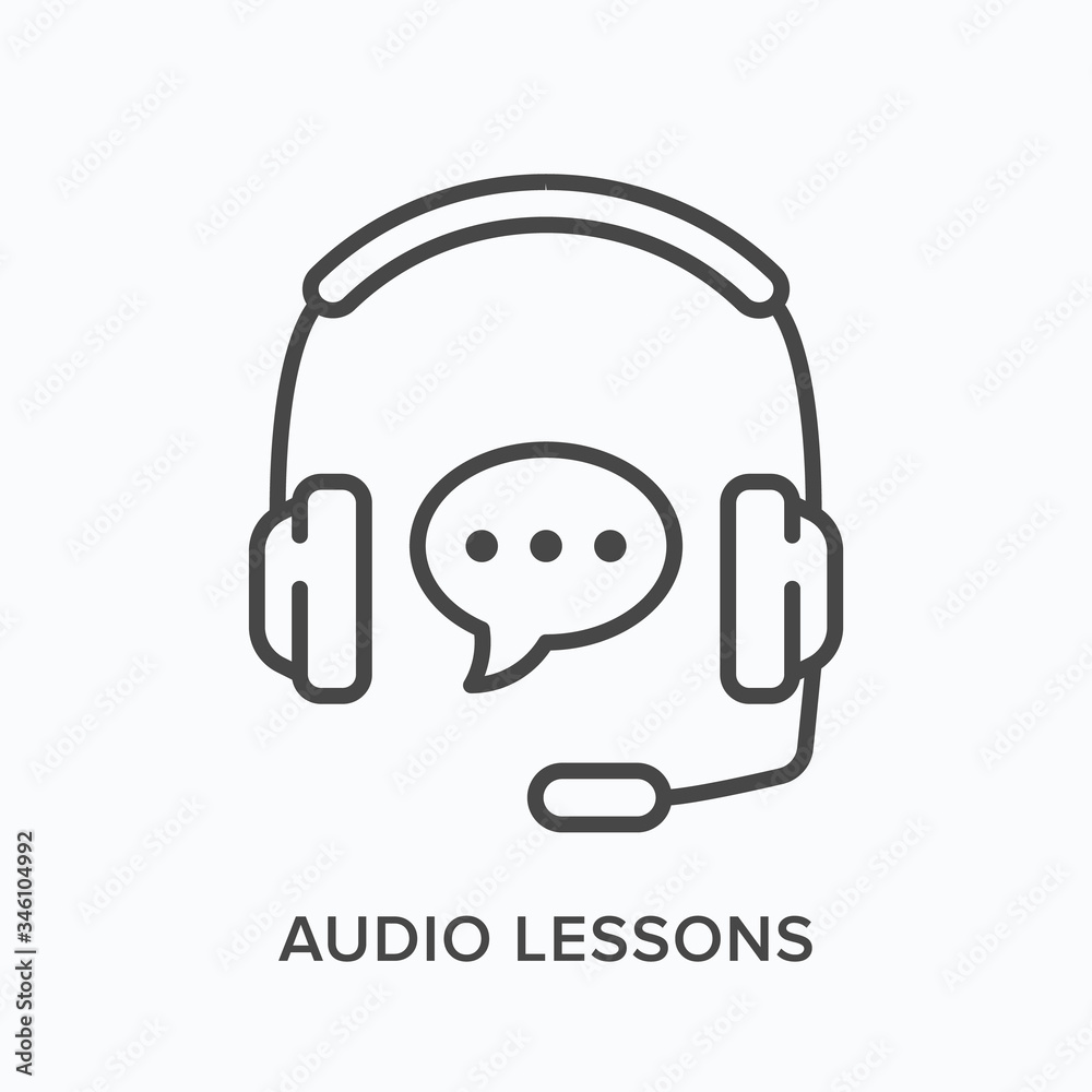 Audio lessons line icon. Vector outline illustration of headphones with microphone. Digital education pictogram Audio lessons line icon. Vector outline illustration of headphones with microphone. Digital education pictogram